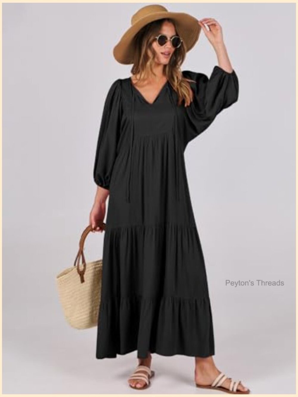 Boho Maxi Dress V Neck Puff Sleeve Flowy Swing Casual Long Dress - Picture 2 of 7